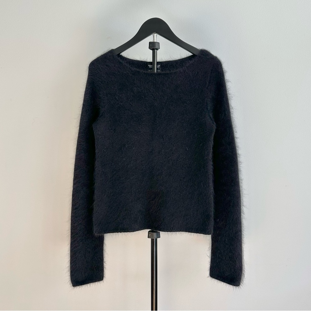 Vintage Polo Ralph Lauren Angora Fuzzy Black Boat Neck Sweater Size L